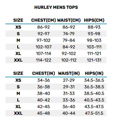 2025 Hurley Mens Tops 0 Size Chart